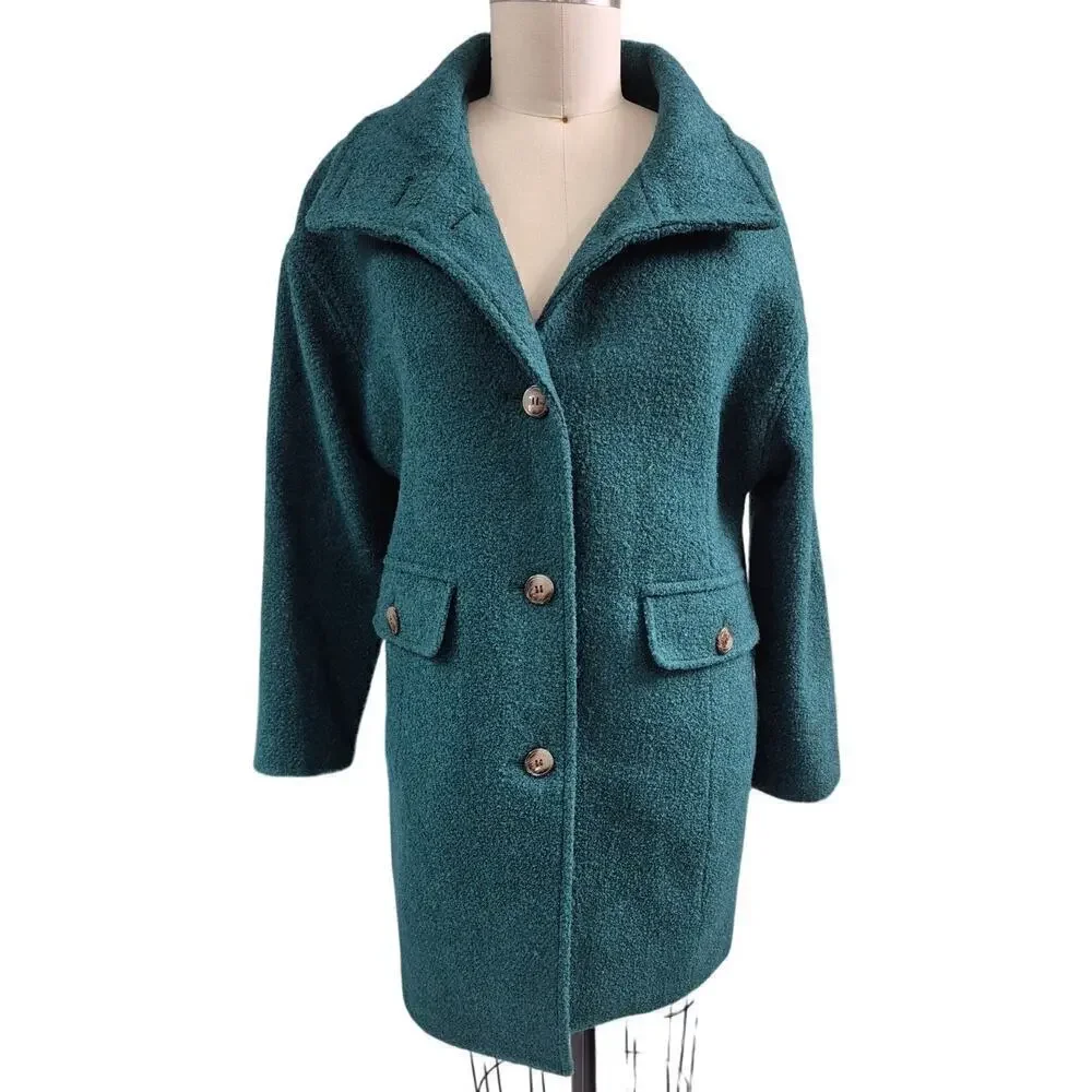 Talbots Green Wool Boucle Tweed Mock Neck Coat Fully Lined Sz S